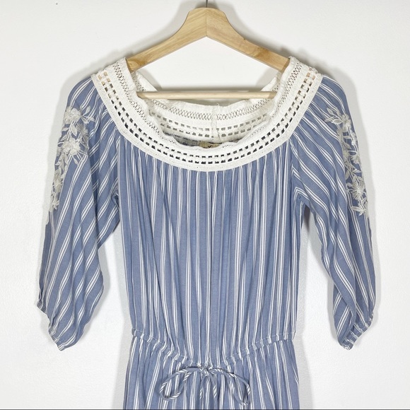 Hollister Off The Shoulders Romper Lace 3/4 Sleeves Striped Blue Sz M - Picture 4 of 12